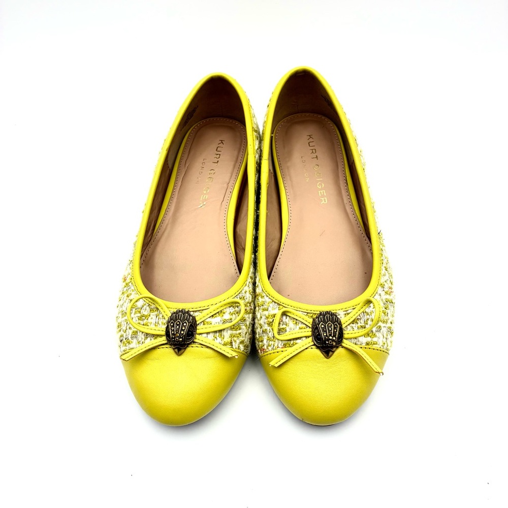 Kurt Geiger Yellow Tweed Ballet Flats, Leather and Metalwork Rhinestones Accents